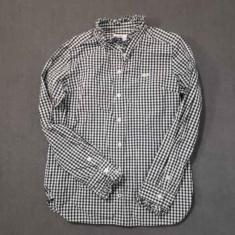 Vineyard Vines Girls 10  Plaid Button Down Shirt Blouse Gingham‎ Top Ruffle Trim